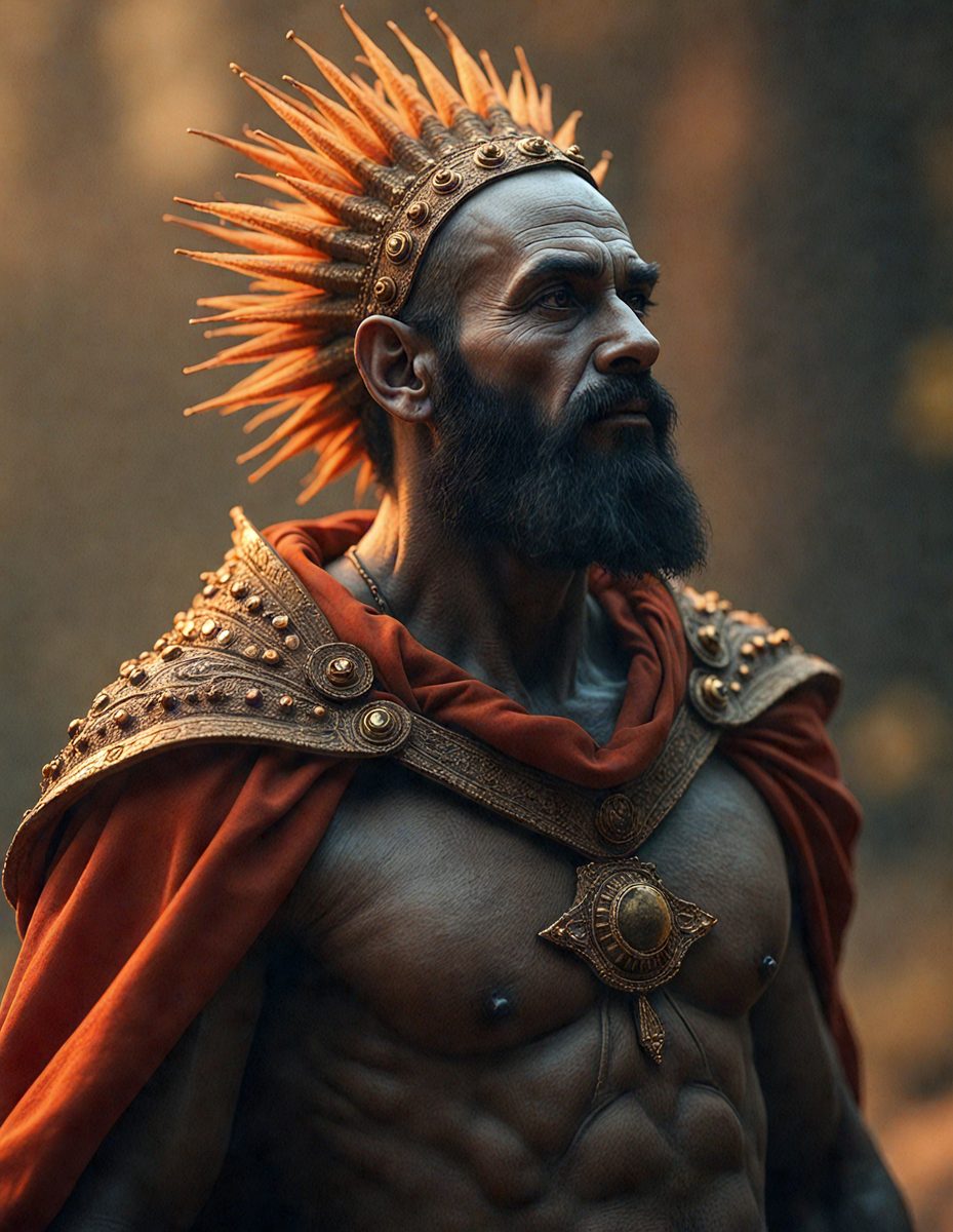 The primary subject of the image is a man wearing a crown and a red robe. He is standing in front of a tree, which serves as the setting or background of the scene. The visual style of the image is a combination of photo and digital art, creating a unique and intriguing atmosphere. The dominant colors in the image are red and gold, which contribute to the overall mood and theme of the scene.